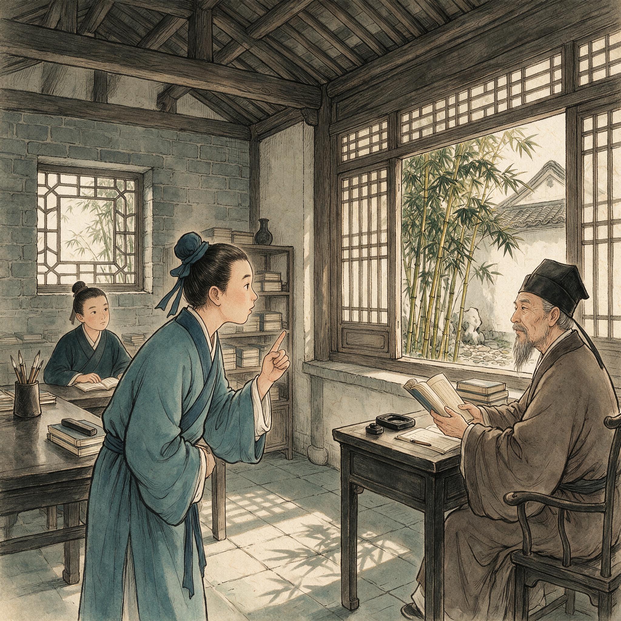 明代少年在私塾中向塾师发问的场景