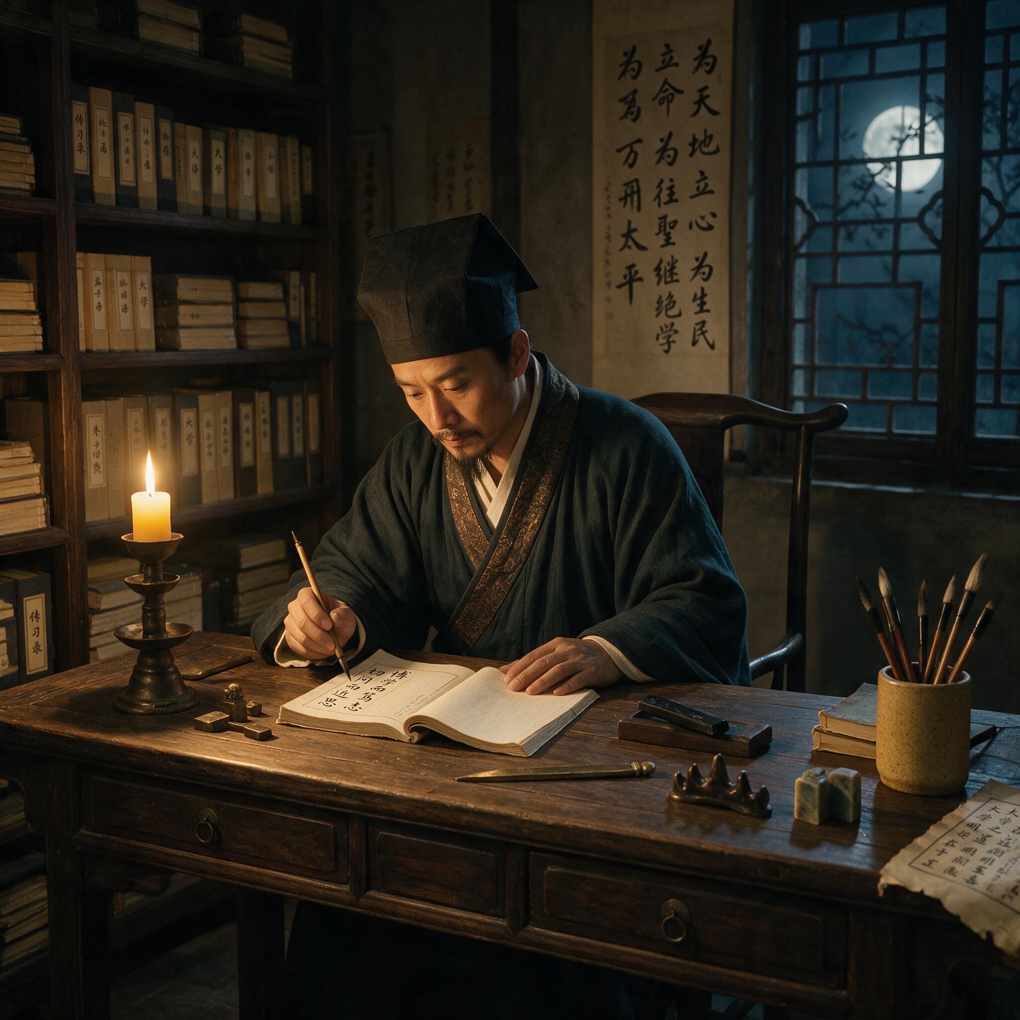 明代学者在书房校勘书稿,以书籍为武器