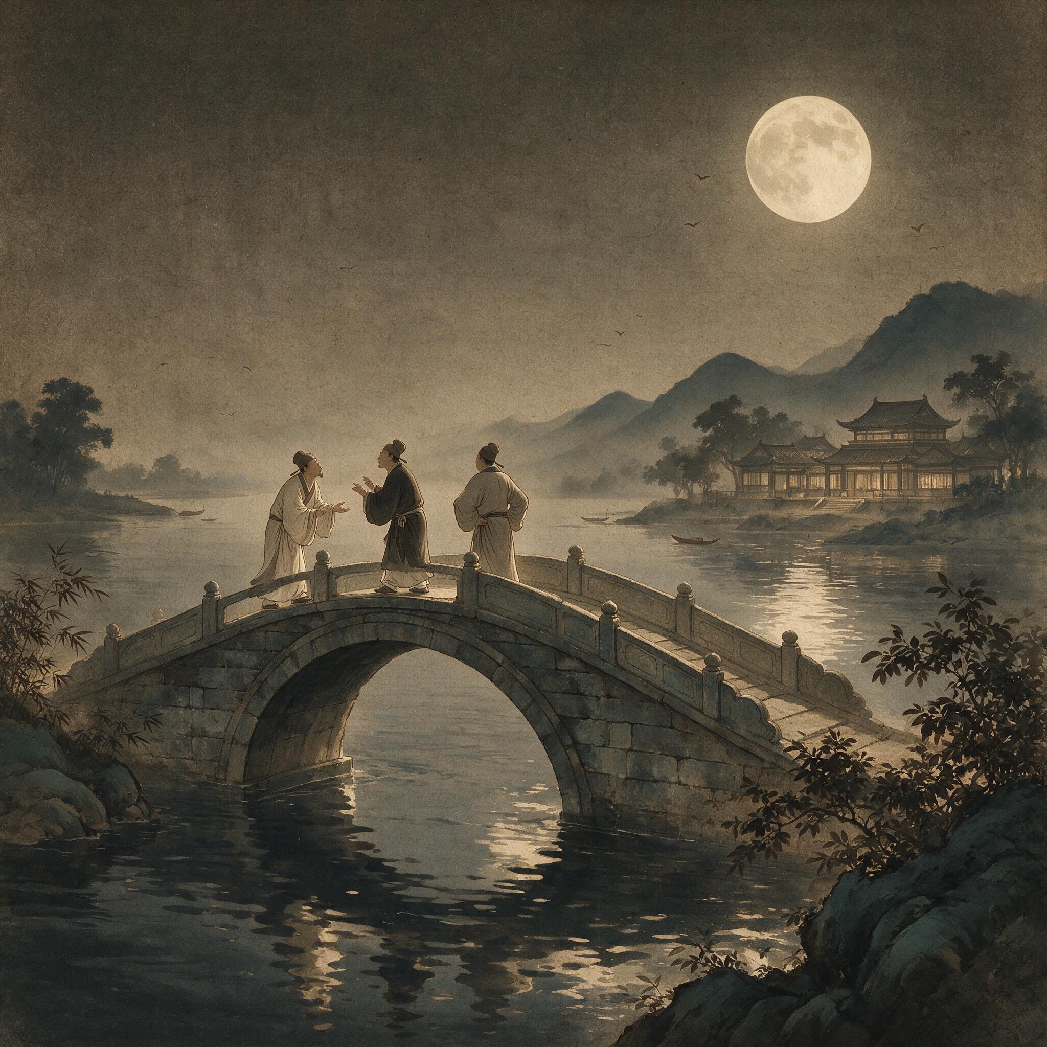 夜晚天泉桥上,师徒三人论道的意境画面