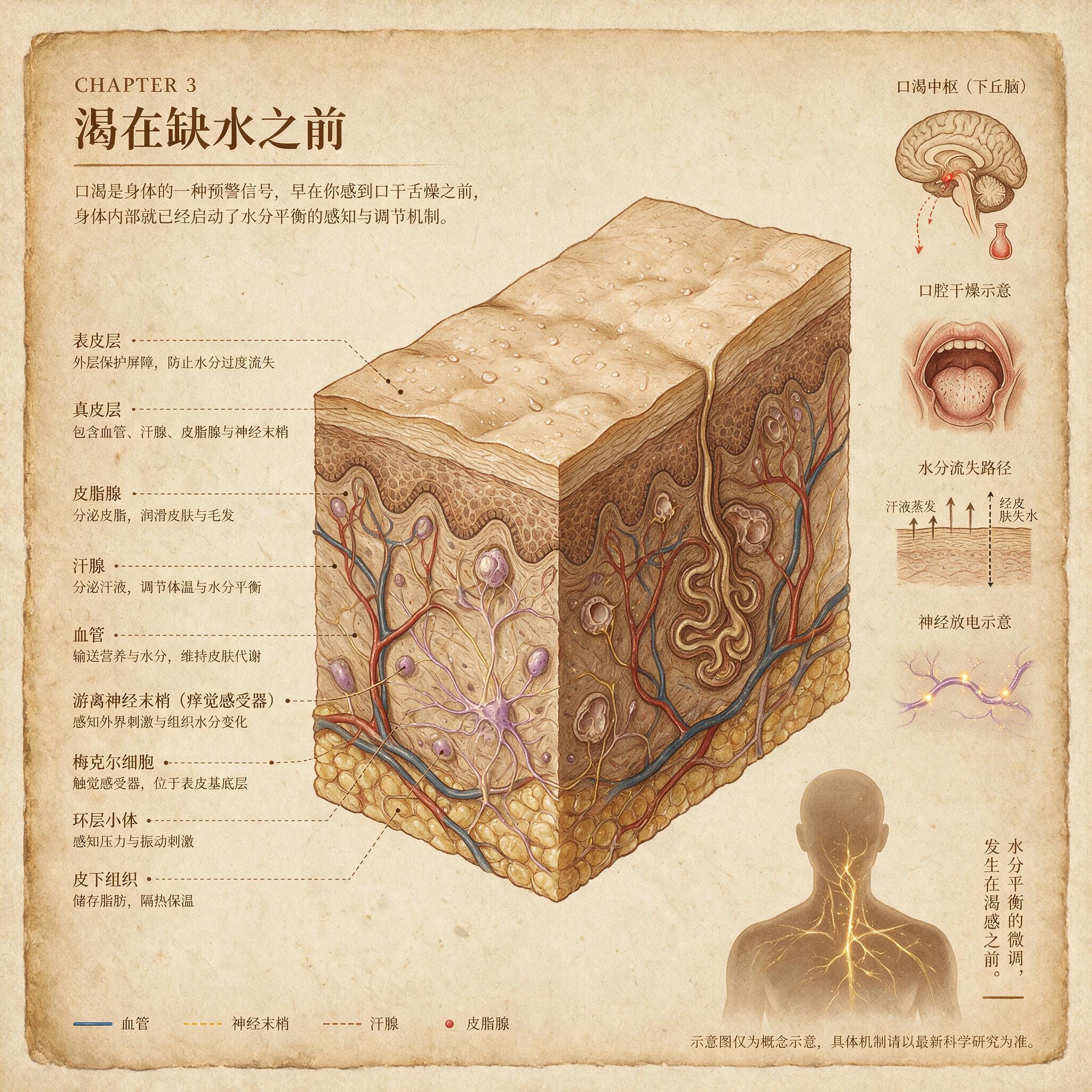 皮肤组织结构与痒觉神经末梢示意图
