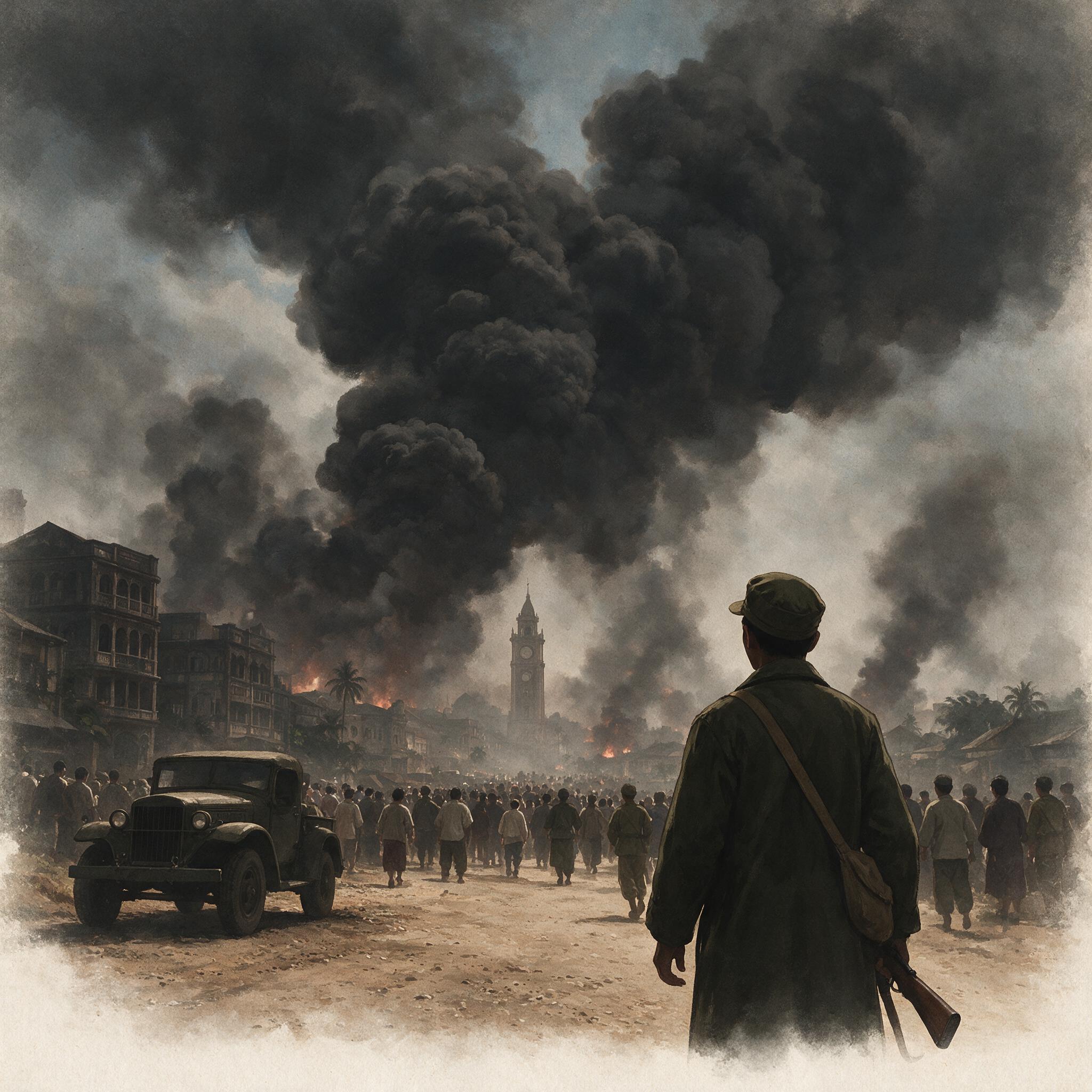 1942年仰光陷落时的浓烟