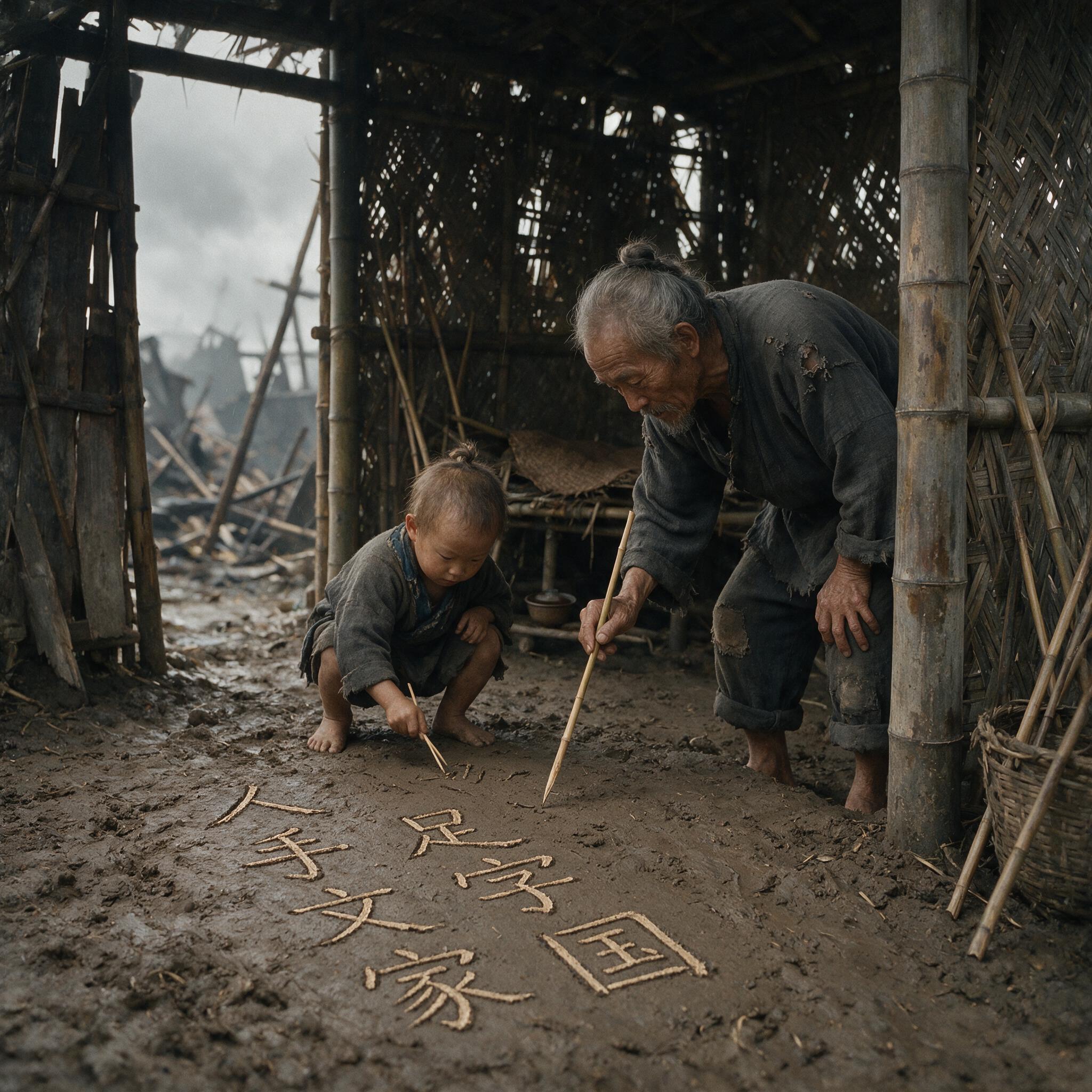用竹片在泥地教孩子认字