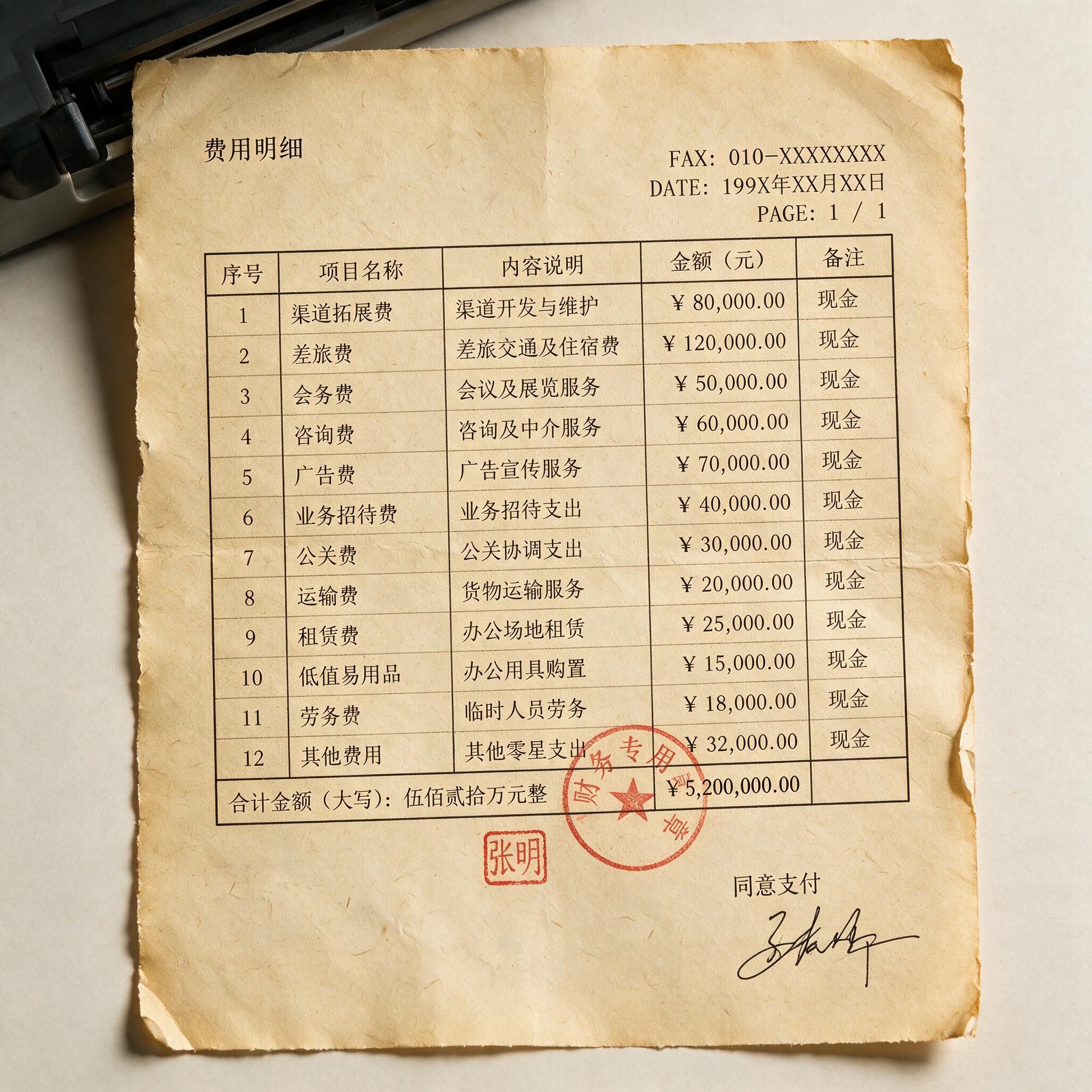 传真纸上的市场费用明细表