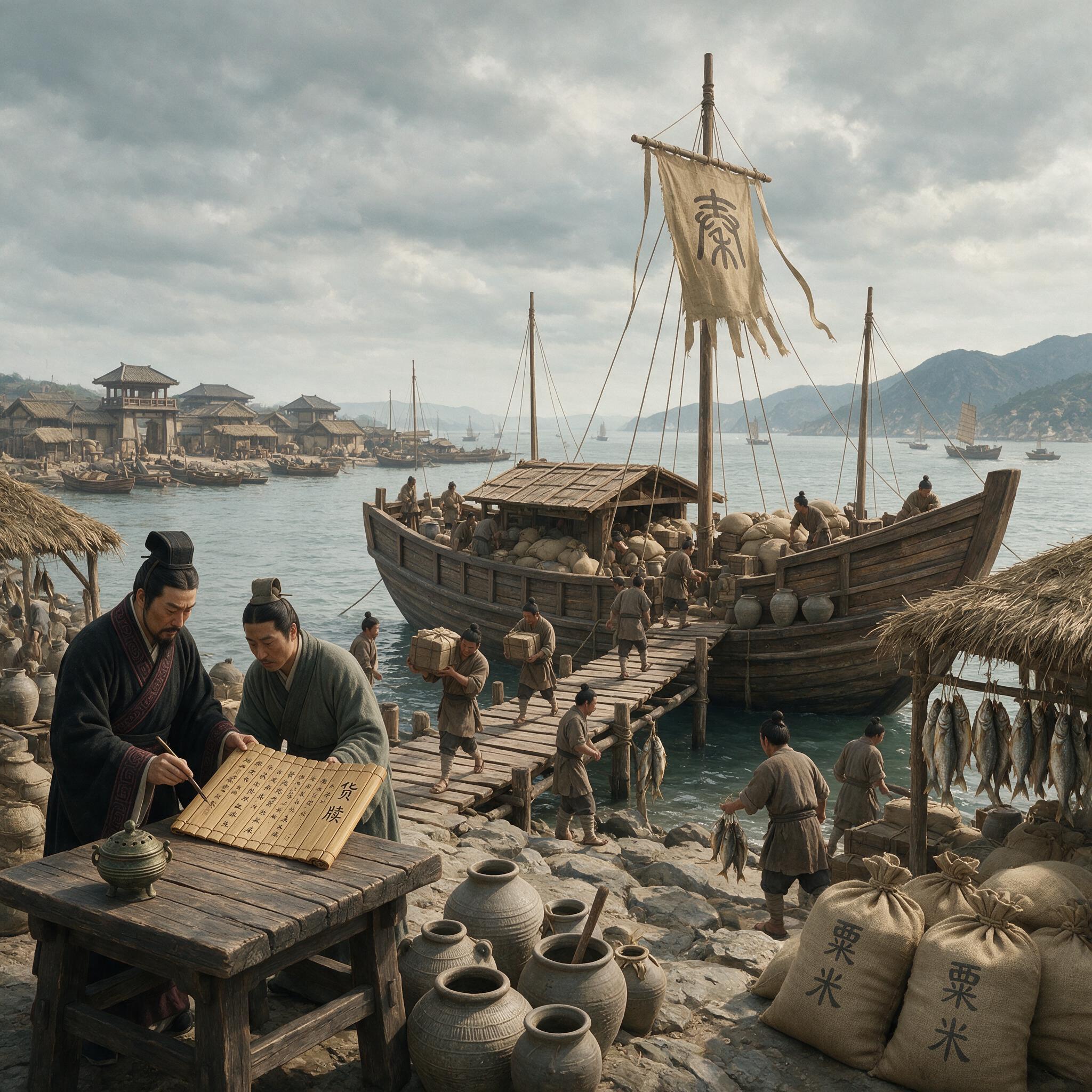 古代海上粮道物资装载场景