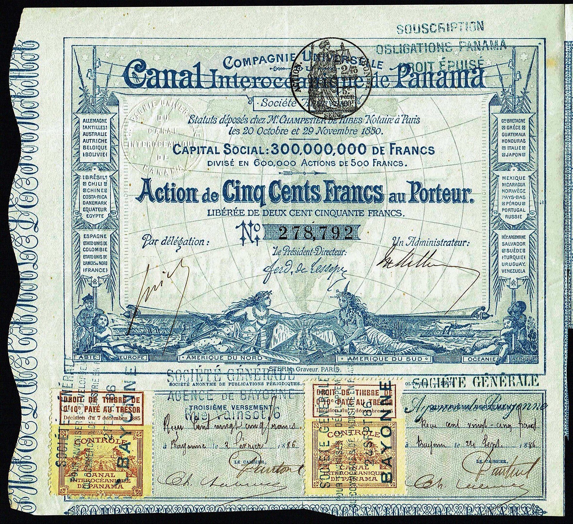 Example of a stock certificate for the Compagnie Universelle